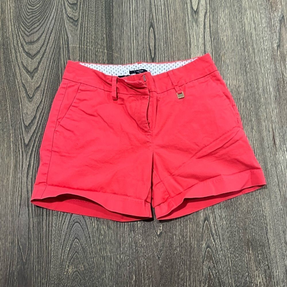 Nautica Shorts Mid Rise Flat Front Cotton Blend Stretch Chino Khaki Red Size 2